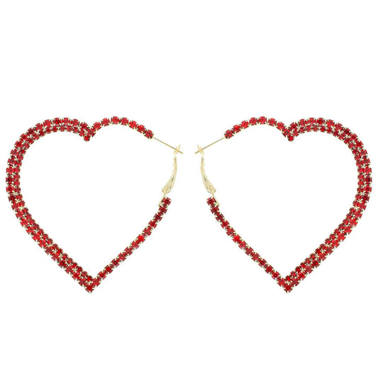 Crystal Rhinestone Heart Hoop Earrings : Red