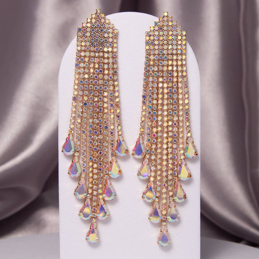 Crystal Rhinestone Waterfall Tassel Earrings: Iridescent