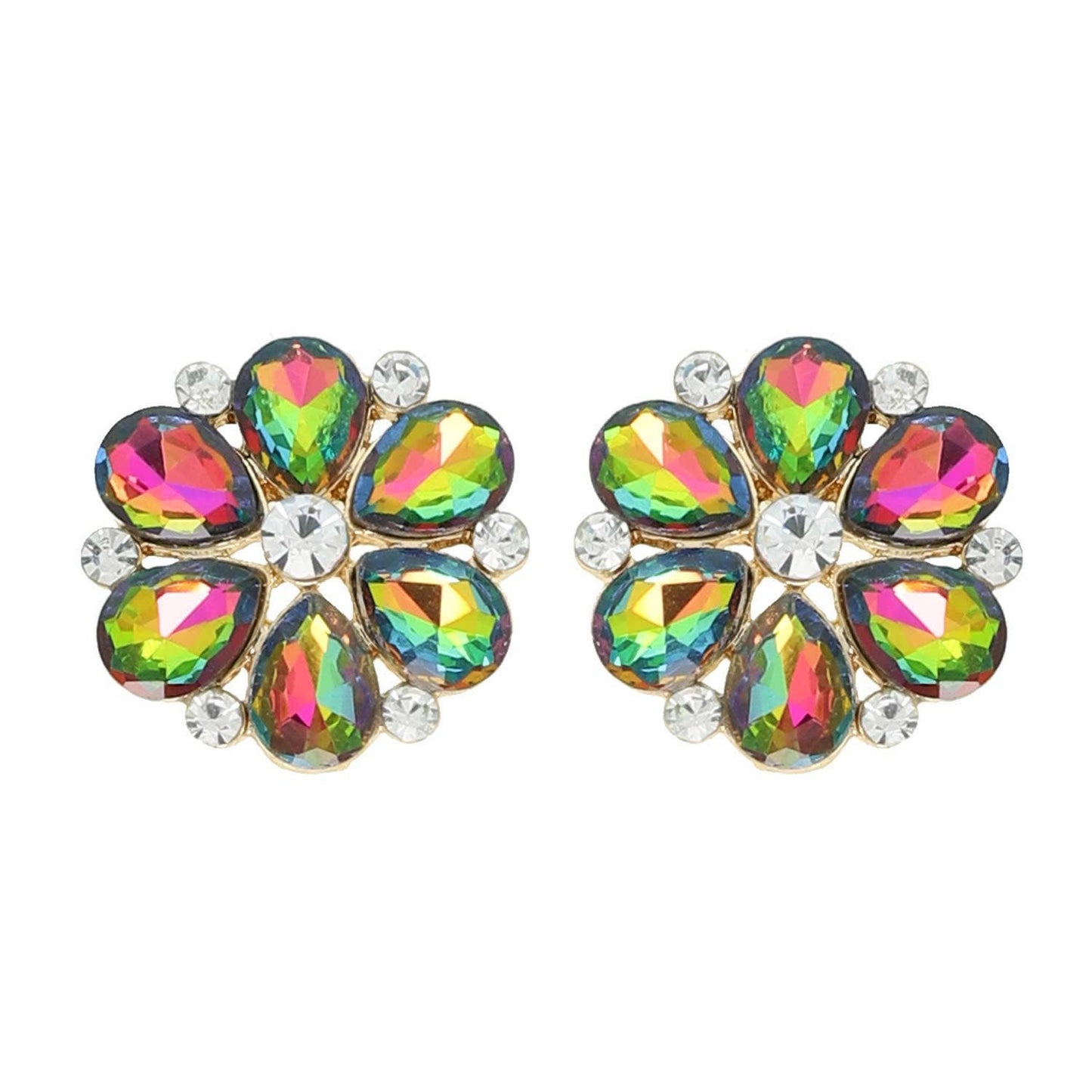 Floral Petal Cut Crystal Gemstone Stud Earrings: Green Rainbow