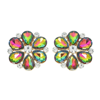 Floral Petal Cut Crystal Gemstone Stud Earrings: Green Rainbow