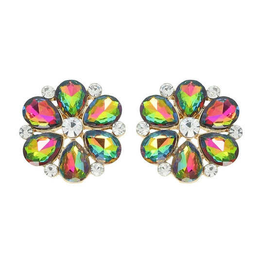 Floral Petal Cut Crystal Gemstone Stud Earrings: Green Rainbow