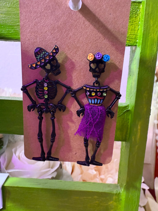 Black Dia de Los Muertos Skeleton couple earrings