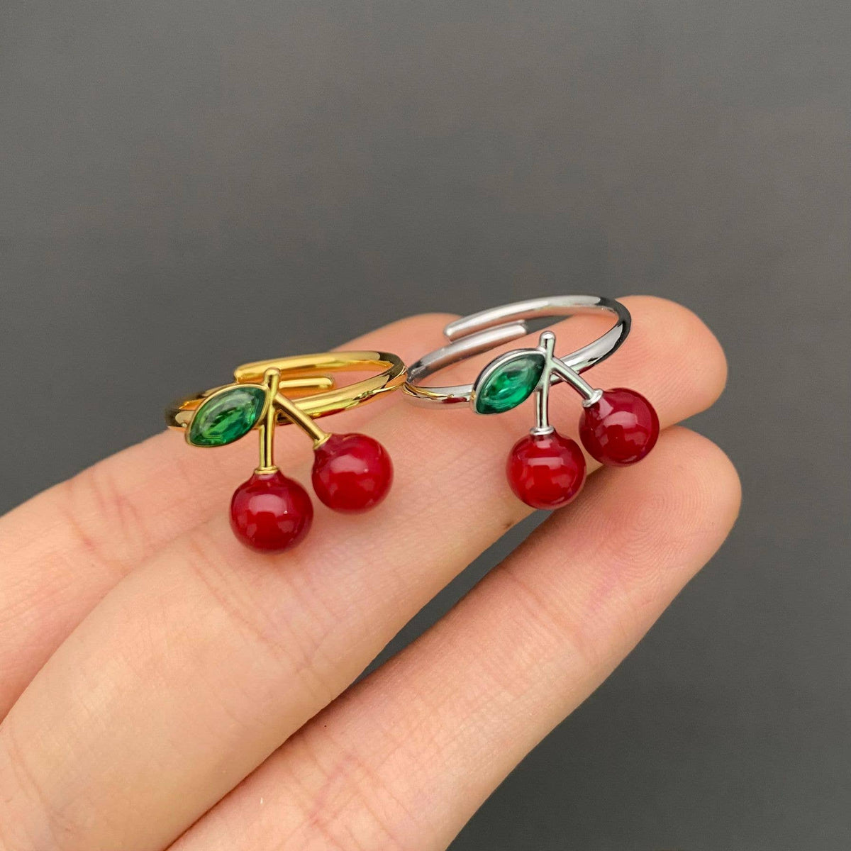 Rhinestone Enamel Cherry 18K Gold Plated S.Steel Ring - Golden / 7