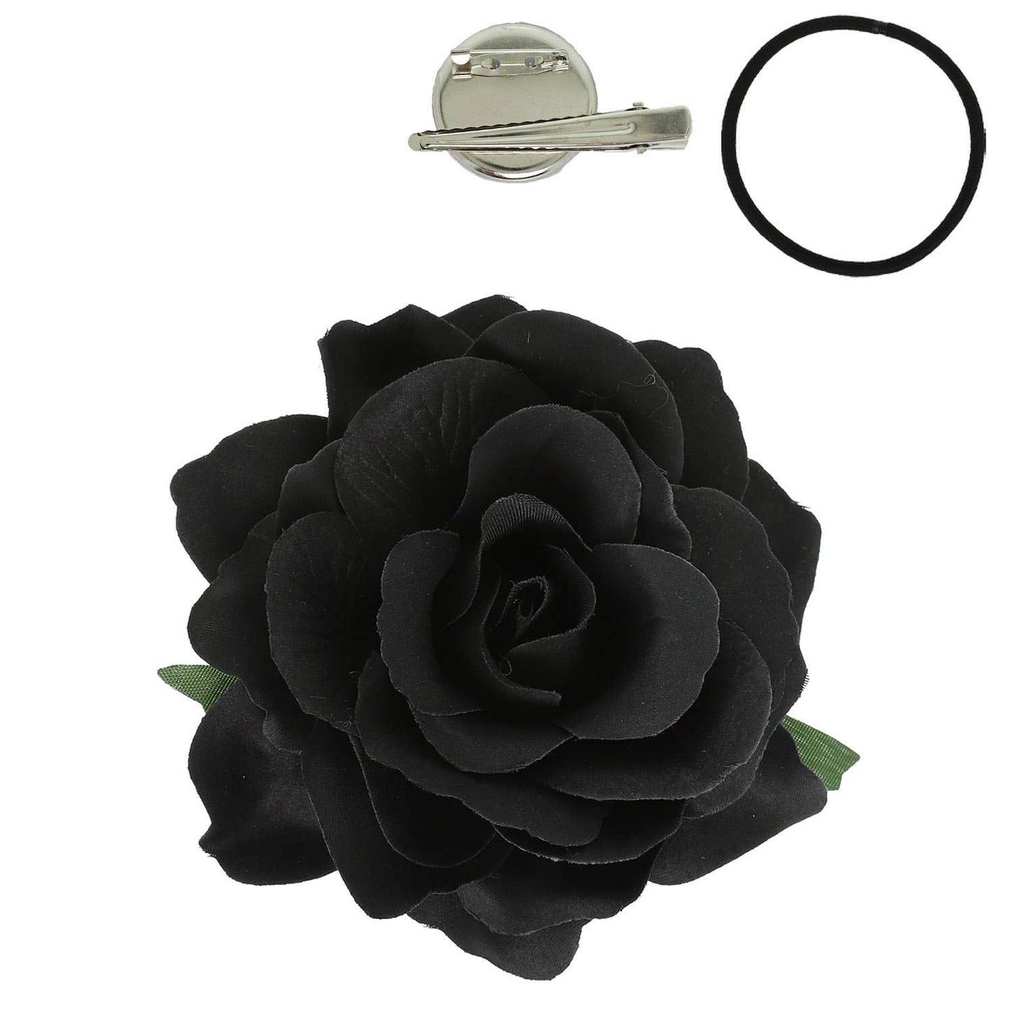 Rose Flower Brooch and Hair Clip Tie Accessory: Black
