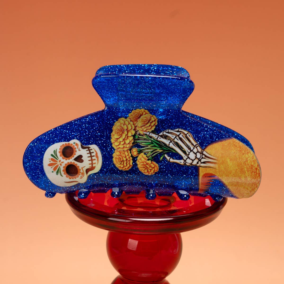 Sugar Skull Marigold Skeleton Halloween Hair Claw : Blue