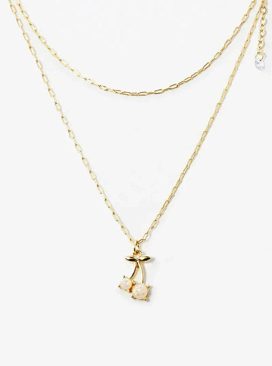 Simulated Open Cherry Pendant Layered Necklace: Gold