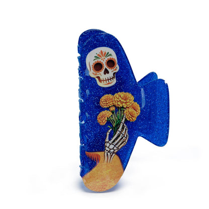 Sugar Skull Marigold Skeleton Halloween Hair Claw : Blue