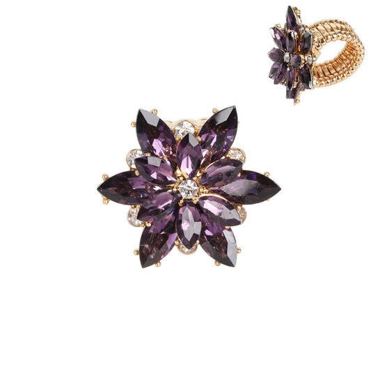 Rhinestone Crystal Flower Stretch Ring: Purple