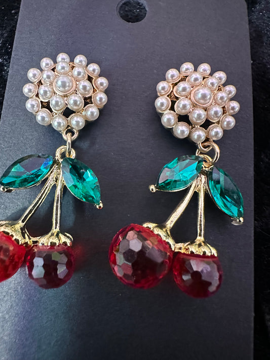 Crystal Pearl Cherry baby embellished dangle earrings
