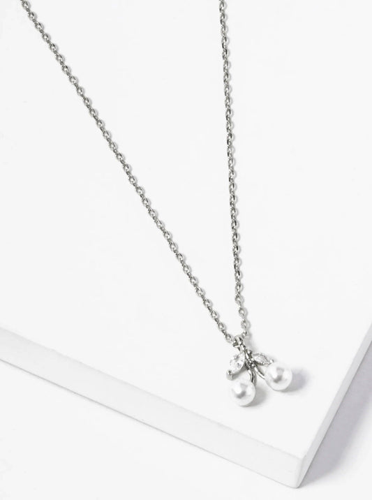 18K Gold Dipped Cz Pearl Cherry Pendant Necklace: Rhodium