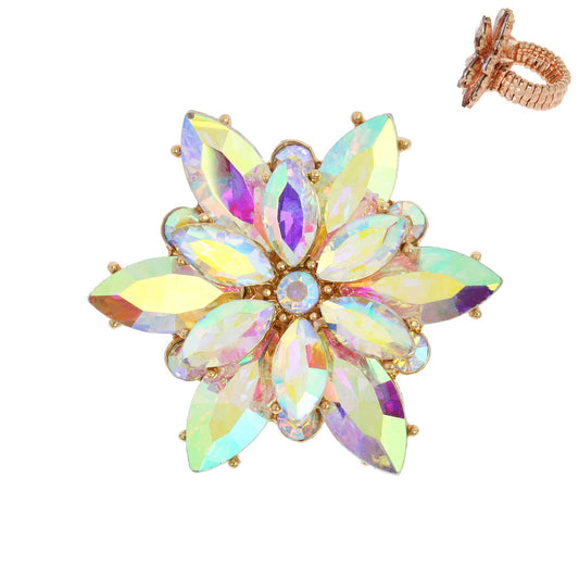 Rhinestone Crystal Flower Stretch Ring: Iridescent
