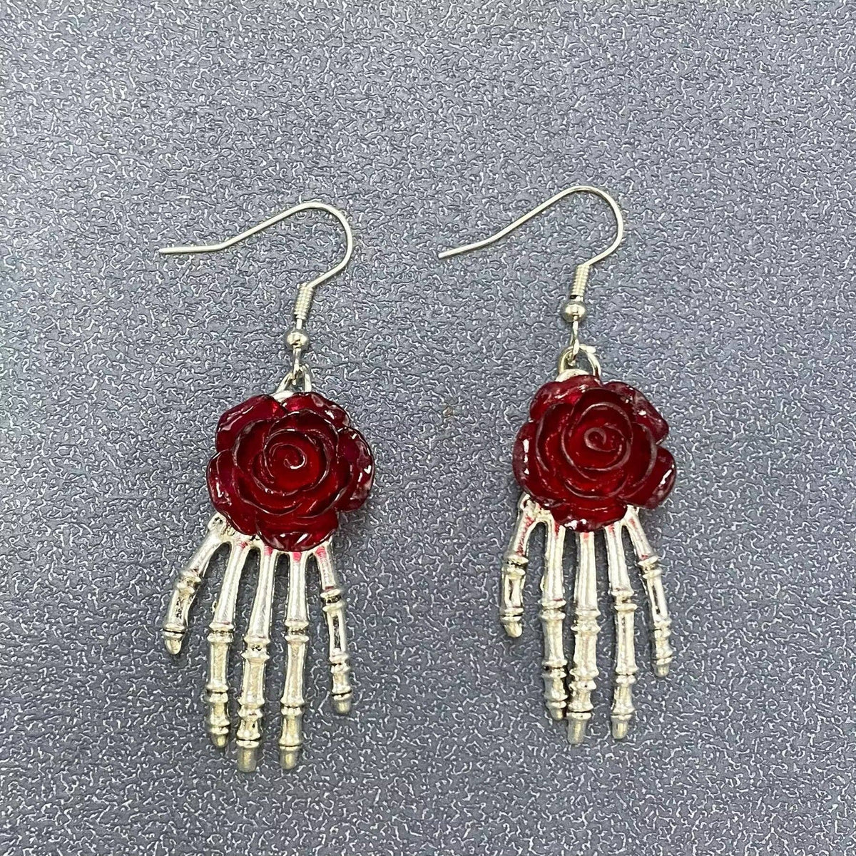 Wine Gothic Rose Skeleton Hand Dangle Earrings