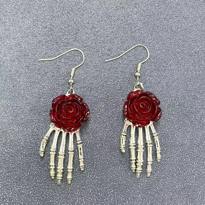 Wine Gothic Rose Skeleton Hand Dangle Earrings