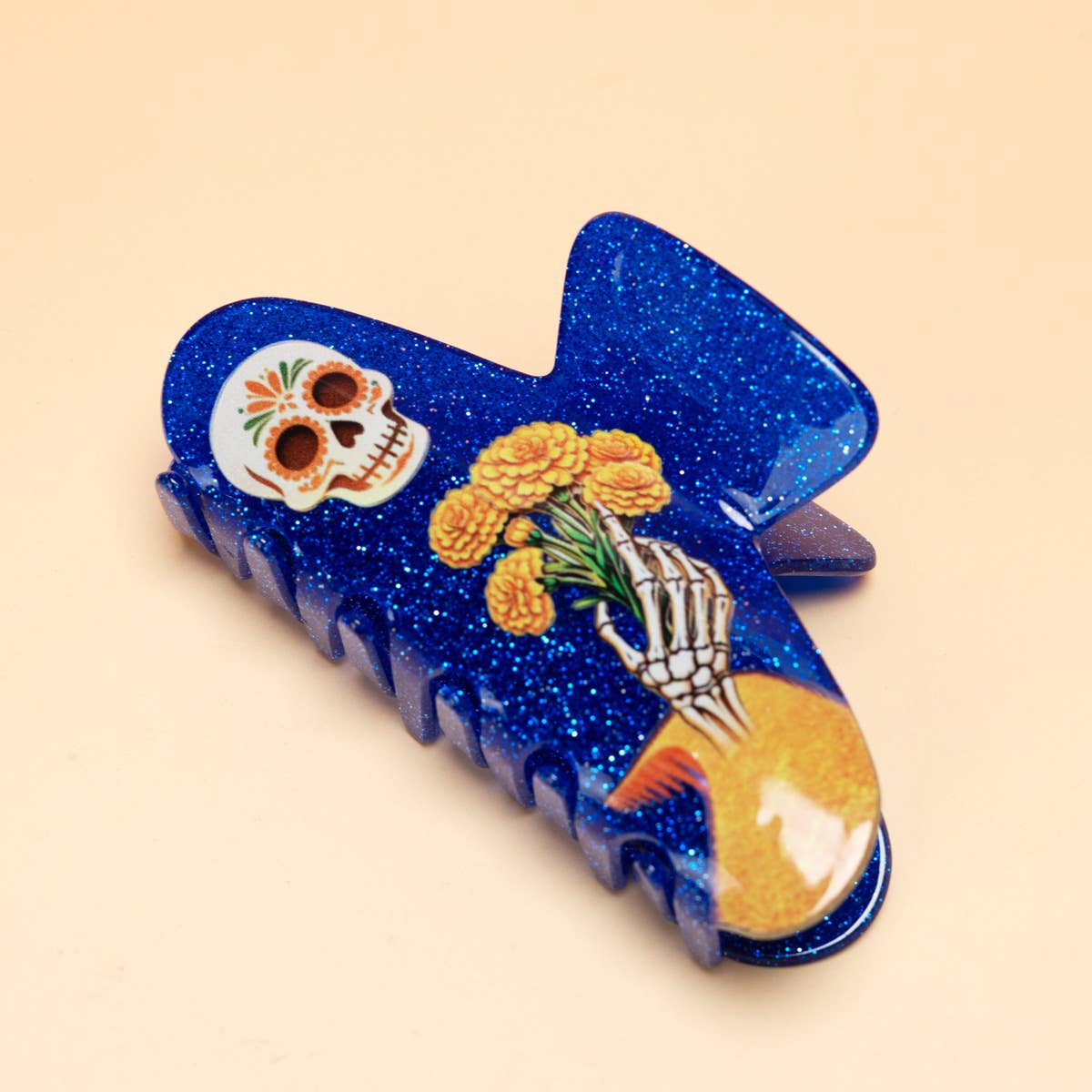 Sugar Skull Marigold Skeleton Halloween Hair Claw : Blue