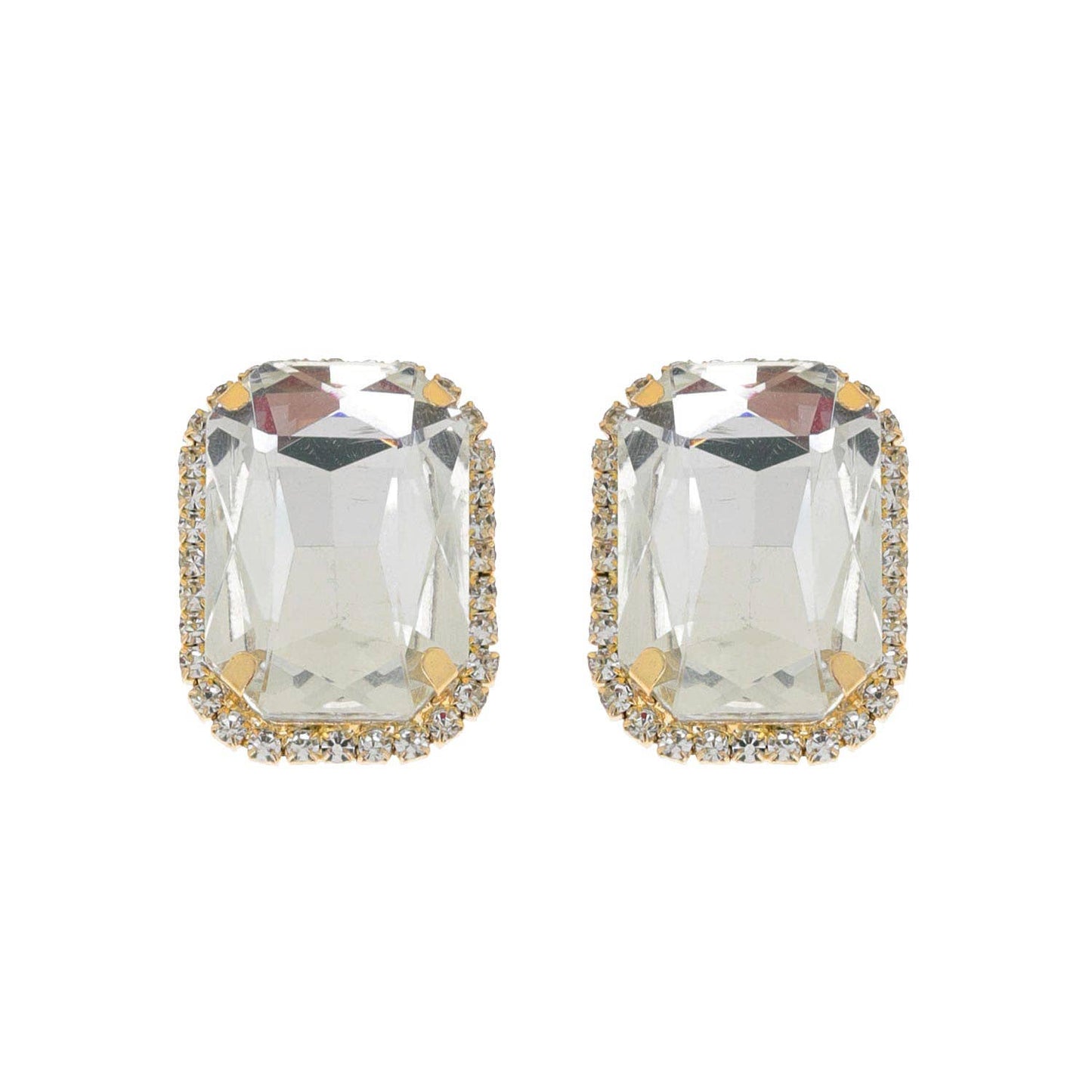 Rhinestone Octagon Cut Crystal w/ Halo Earrings: Gold Clear