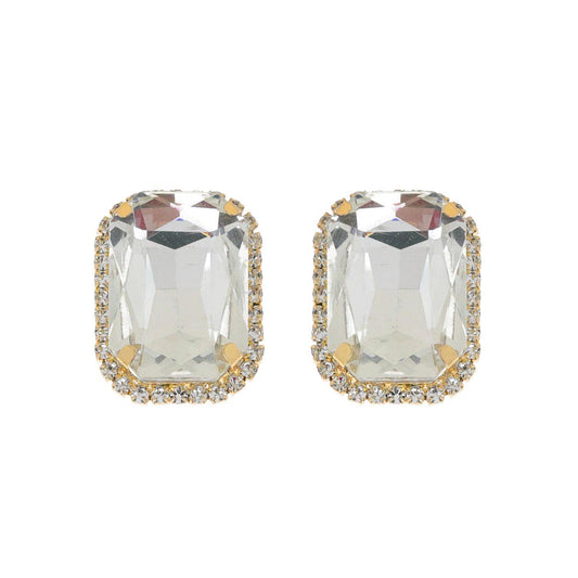 Rhinestone Octagon Cut Crystal w/ Halo Earrings: Gold Clear