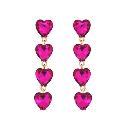 4-TIER CRYSTAL RHINESTONE HEART SHAPED EARRINGS pink
