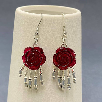 Wine Gothic Rose Skeleton Hand Dangle Earrings