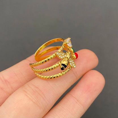 Enamel Bee Cherry 18K Gold Plated Stainless Steel Ring - FGS