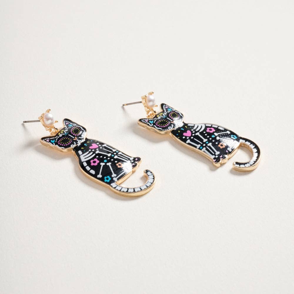 Day of the Dead Cat Earrings for Halloween Jewelry: Jet Black
