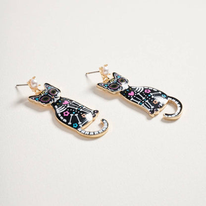 Day of the Dead Cat Earrings for Halloween Jewelry: Jet Black