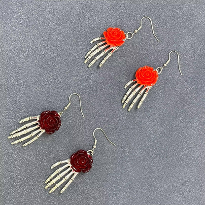 Wine Gothic Rose Skeleton Hand Dangle Earrings