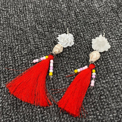 Red Tassel Skull Dangle Earrings