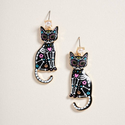 Day of the Dead Cat Earrings for Halloween Jewelry: Jet Black