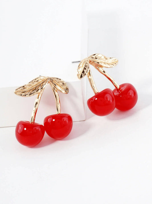 Cherry Drop Sweet Red Fruit Statement Earrings: Red