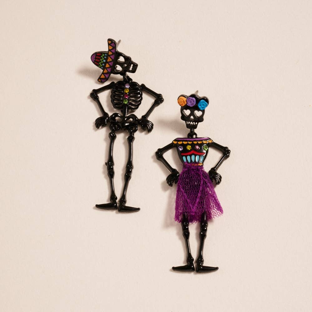 Day of the Dead Skeleton Couple Earrings Halloween: Black / ONE