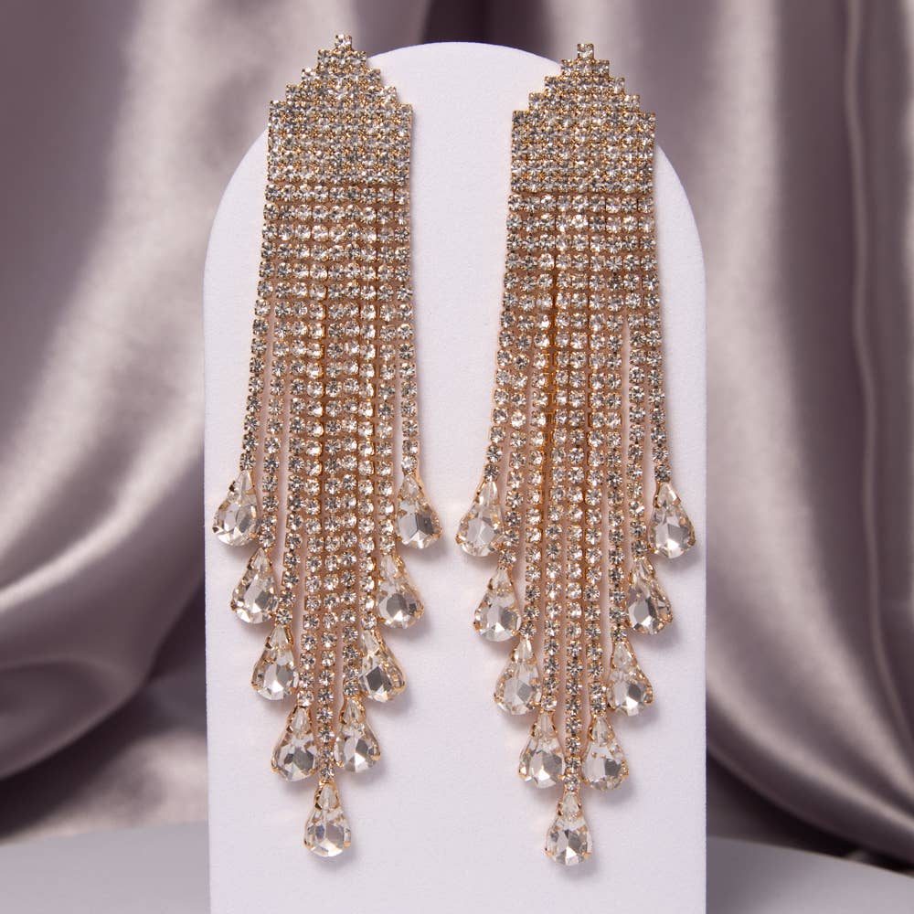 Crystal Rhinestone Waterfall Tassel Long Drop Earrings: Gold