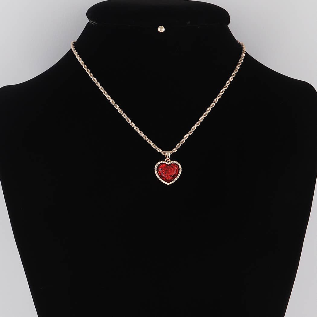 Glittered Heart Chain Necklace: Gold Red
