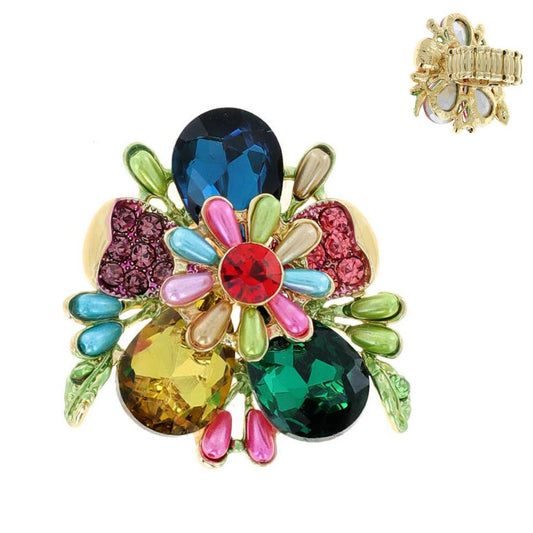 Rhinestone Daisy Flower Stretch Ring: Gold Multicolor