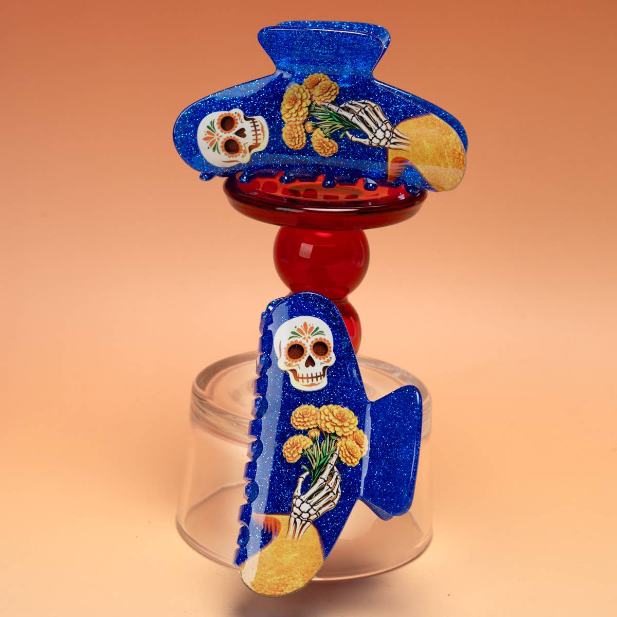 Sugar Skull Marigold Skeleton Halloween Hair Claw : Blue