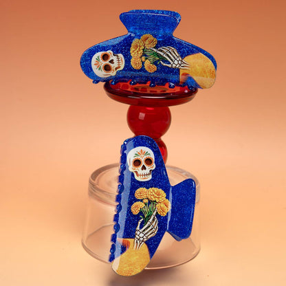 Sugar Skull Marigold Skeleton Halloween Hair Claw : Blue