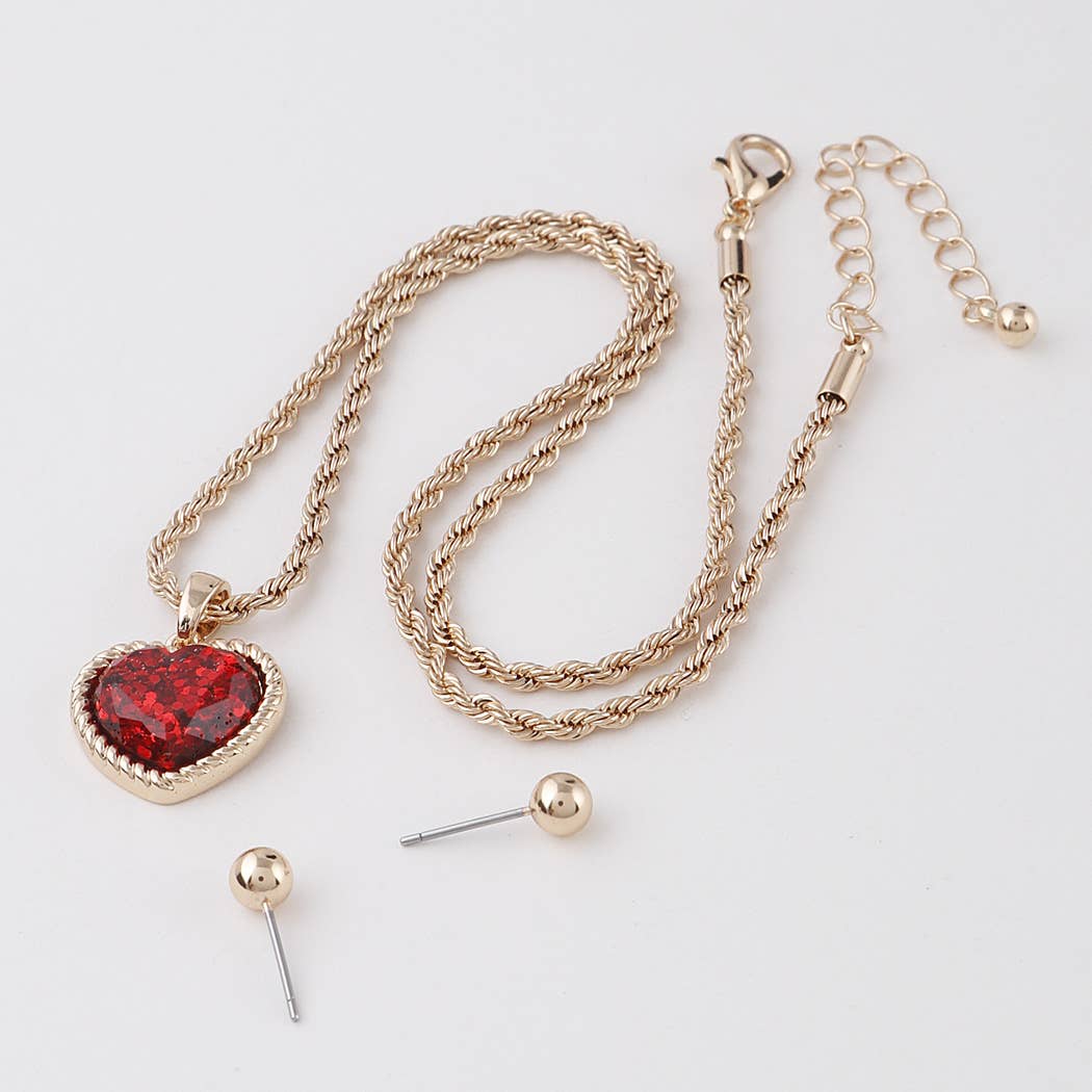 Glittered Heart Chain Necklace: Gold Red
