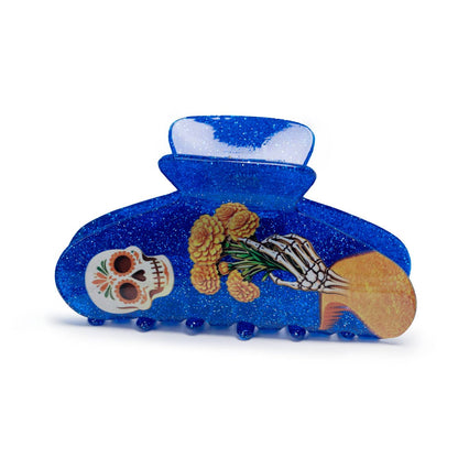Sugar Skull Marigold Skeleton Halloween Hair Claw : Blue