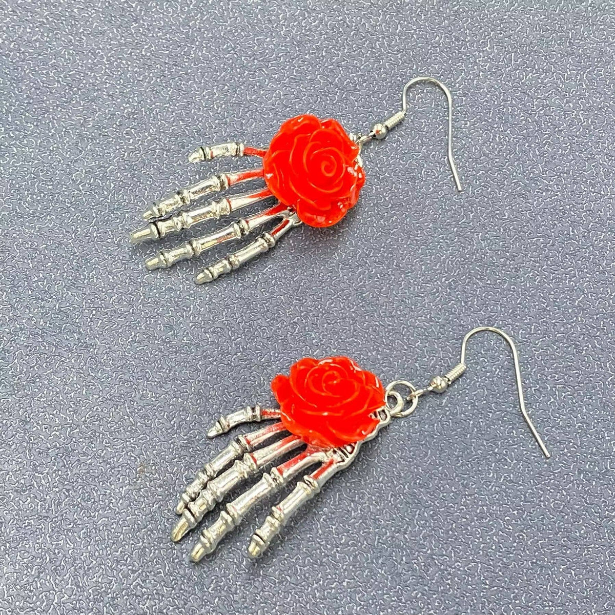 Red Gothic Rose Skeleton Hand Dangle Earrings