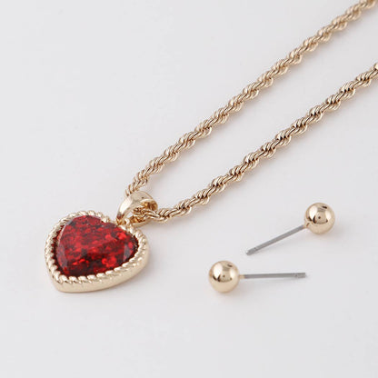 Glittered Heart Chain Necklace: Gold Red