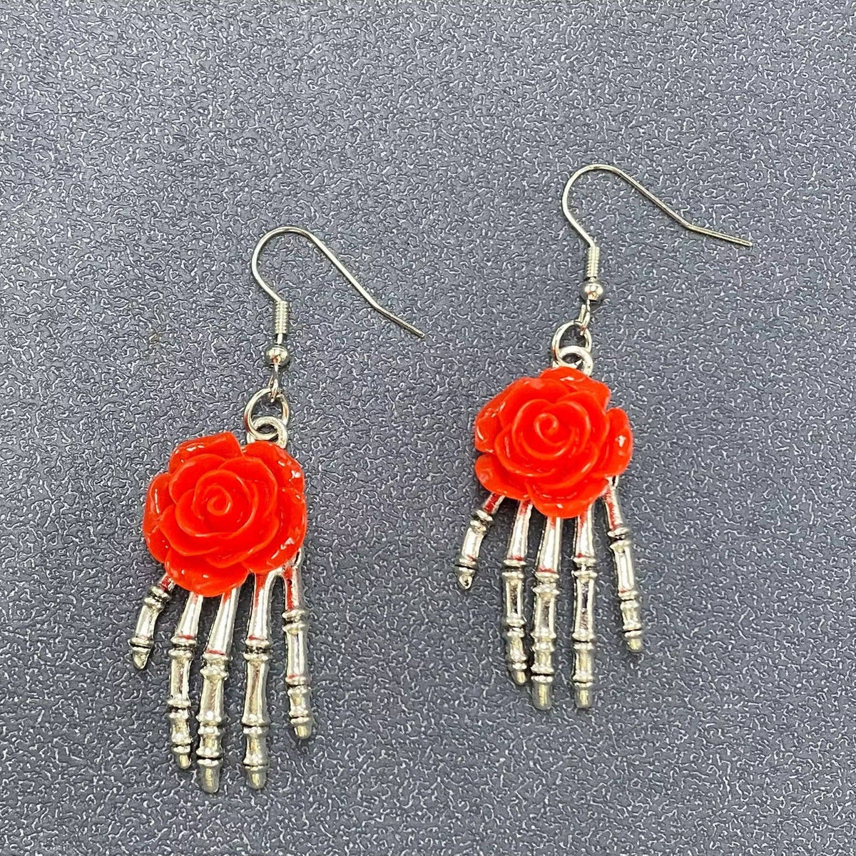 Red Gothic Rose Skeleton Hand Dangle Earrings