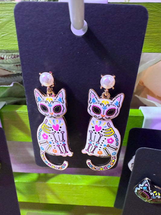 White cat Dia de Los Muertos Earrings