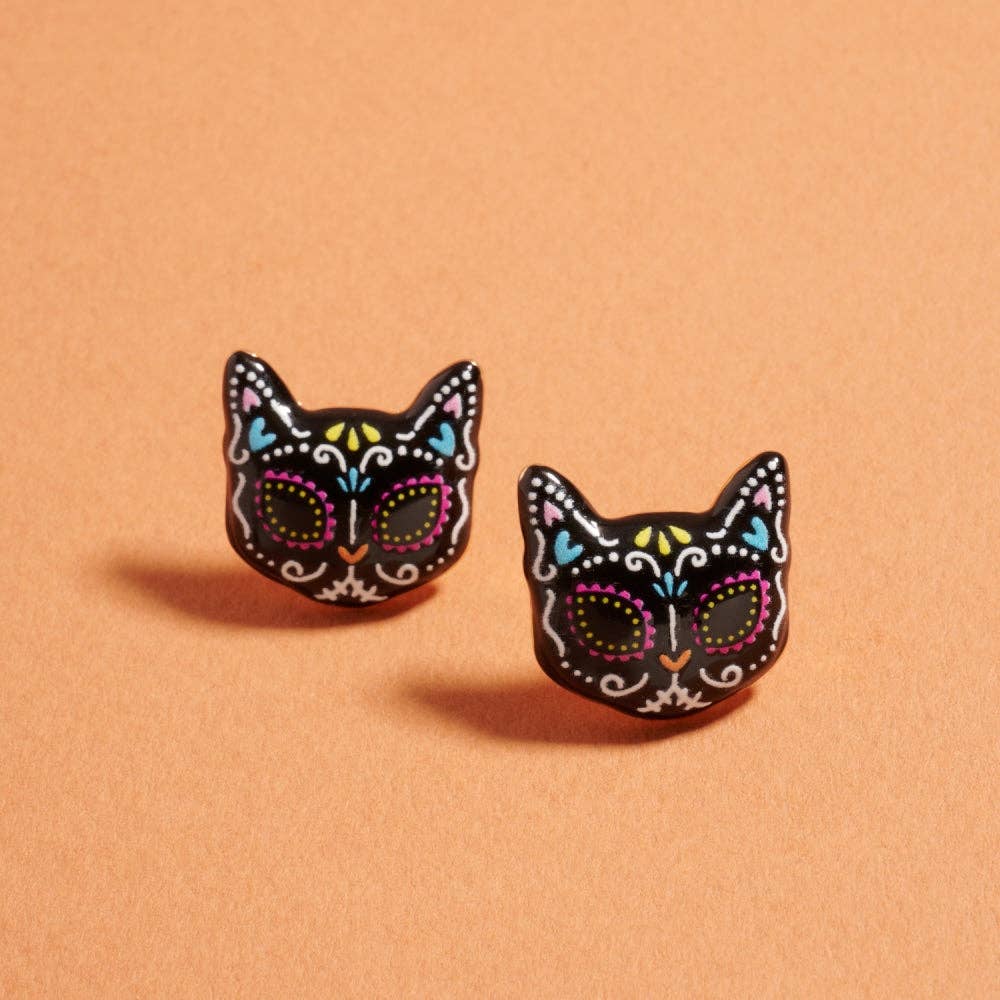 Day of the Dead Cat Skull Stud Earrings Halloween: Jet Black / ONE