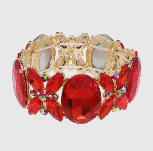 Red Crystal gemstone oval flower cluster bracelet