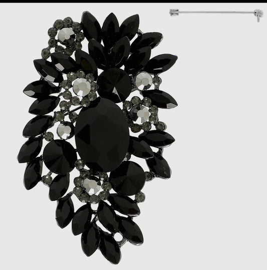Black Jeweled Crystal Leaf Cluster Brooch Pin
