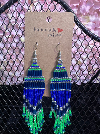 Blue neon green beaded 2” long earrings