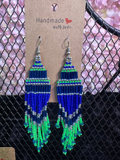 Blue neon green beaded 2” long earrings