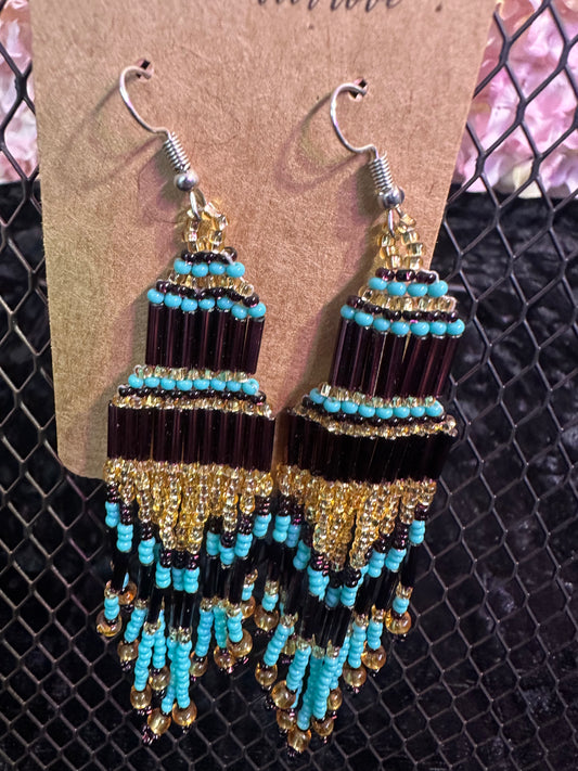 Purple Gold 2” long beaded earrings