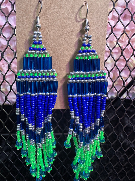 Blue neon green beaded 2” long earrings