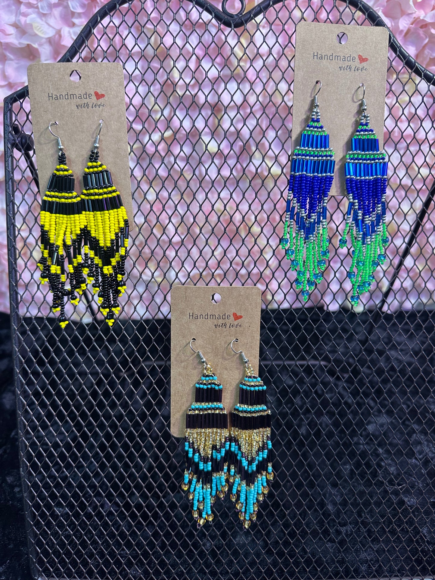 Purple Gold 2” long beaded earrings
