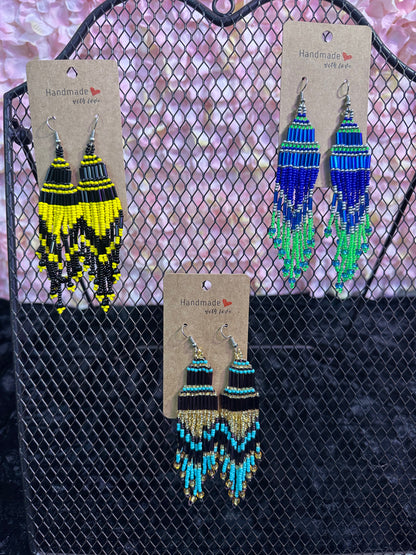 Purple Gold 2” long beaded earrings